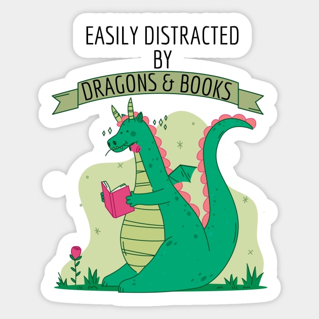 Easily Distracted By Dragons And Books Sticker by Little Designer